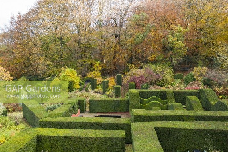 View over mature clipped hedges of Yew containing several distinct garden rooms. Background of surrounding woodland; image taken with drone. November. Autumn.