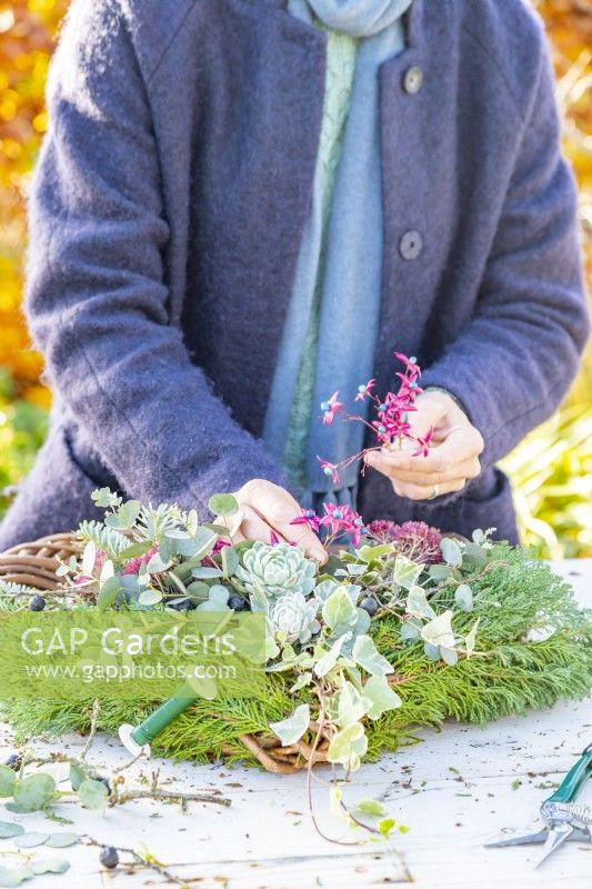 Woman adding Clerodendrum fruits to wreath
