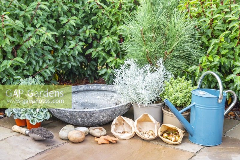 Bulbs, wide container, plants, stones, crocks, compost scoop and a watering can laid out on the ground