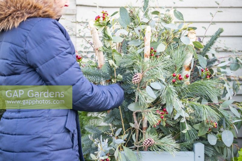 Woman placing sprig with berries in the container