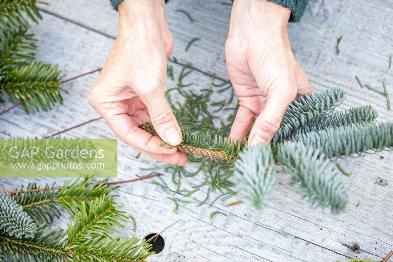 Woman stripping the needles from the base of the pine sprigs