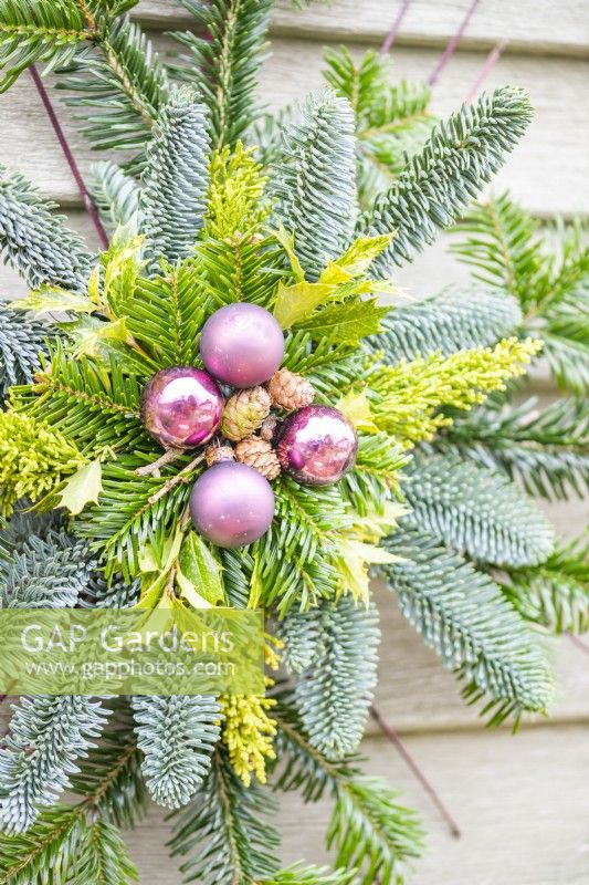 Evergreen star hanging on a pale green wooden wall