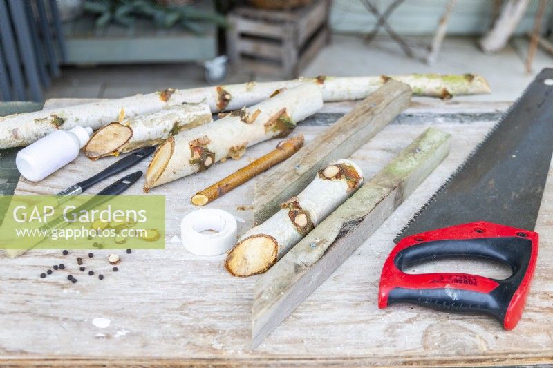 Birch sticks, saw, peppercorns, masking tape and paint brushes laid out on a wooden surface