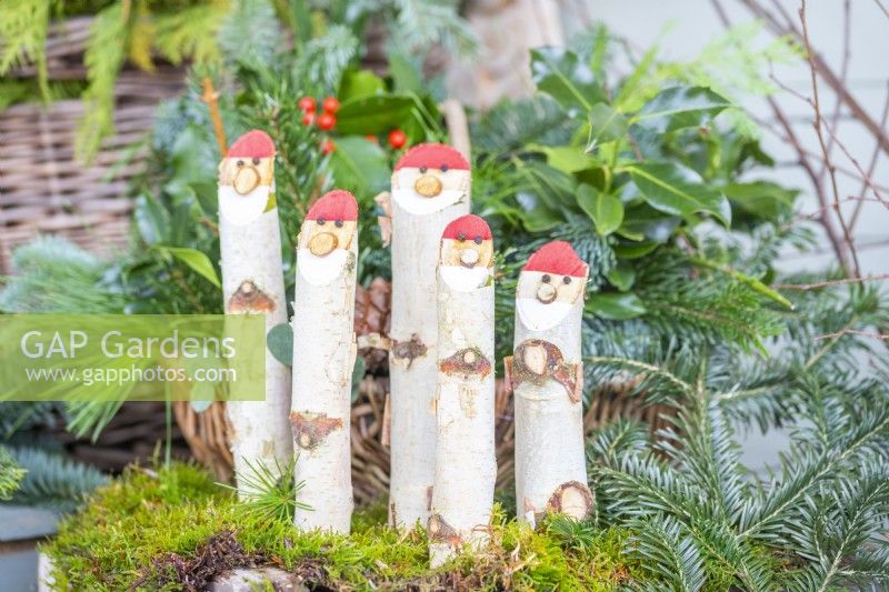 Birch stick Santas standing in moss, surrounded by foliage