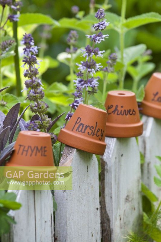 Terracotta pot labels on a fence.