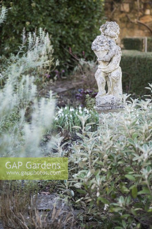 Stone putto with cornucopia in the Silver Garden at East Lambrook Manor in February