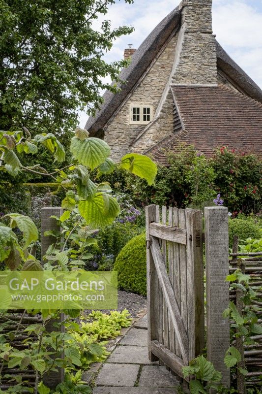 Woven Hazel fence with rustic wooden gate leading in to cottage garden
