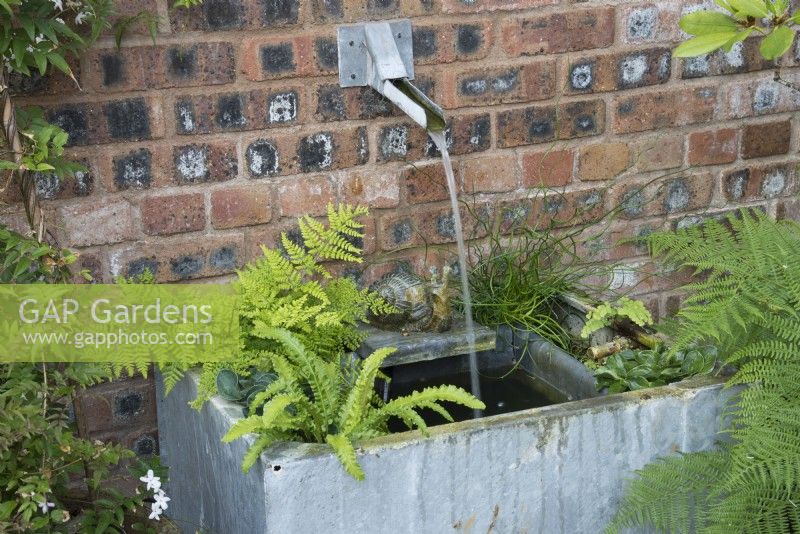 Zinc water tank water feature against red brick wall in shaded area of garden