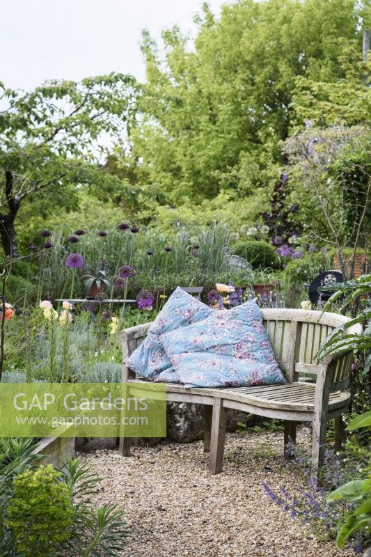 Cushions on a wooden bench in a June garden