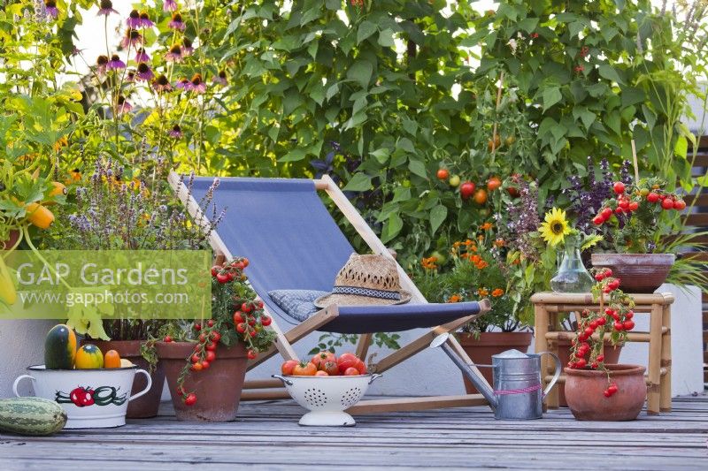 Decked roof terrace with deckchair, container grown herbs and vegetables and raised bed.
