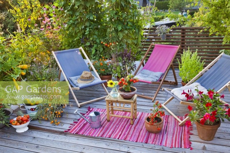 Decked roof terrace with deckchairs, container grown herbs and vegetables.