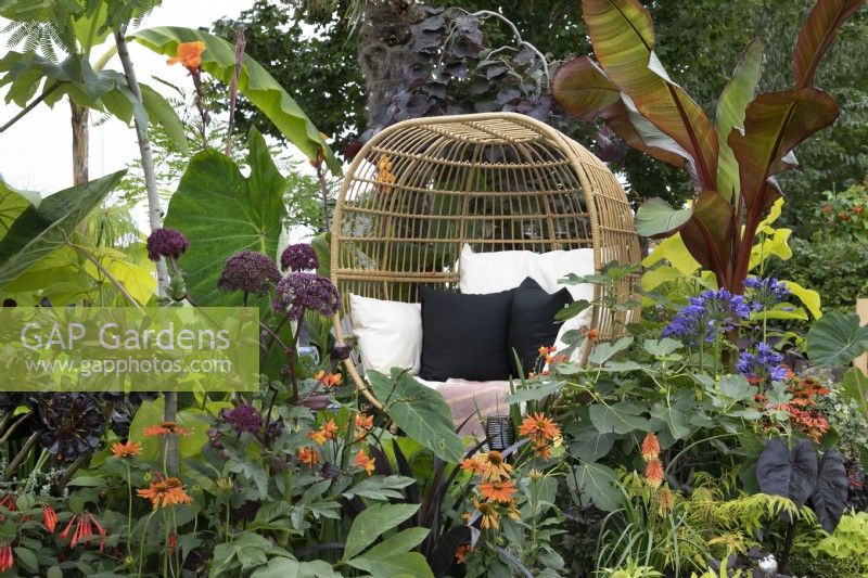 'Garden Envy' at BBC Gardener's World Live 2021 - mixed exotic planting with egg seat