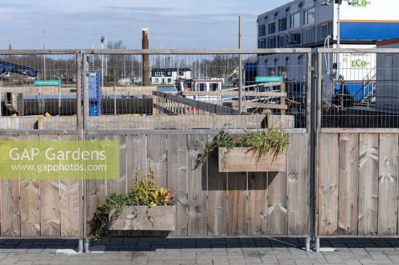 To the rear of Amsterdam Centraal Station the barriers surrounding a construction site have been made to look less industrial with plant pots on specially designed fencing.