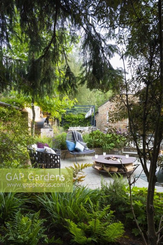 View across woodland garden with shade tolerant plants to sunken seating area with freestanding chairs and fire pit.