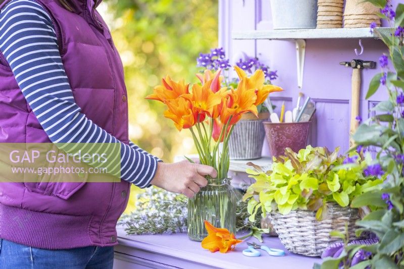 Woman arranging Tulips at the potting bench