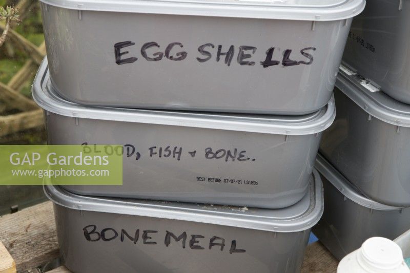Old commercial ice cream tubs are used to store various garden products in a greenhouse including bonemeal, blood, fish and bone and crumbled egg shells. 