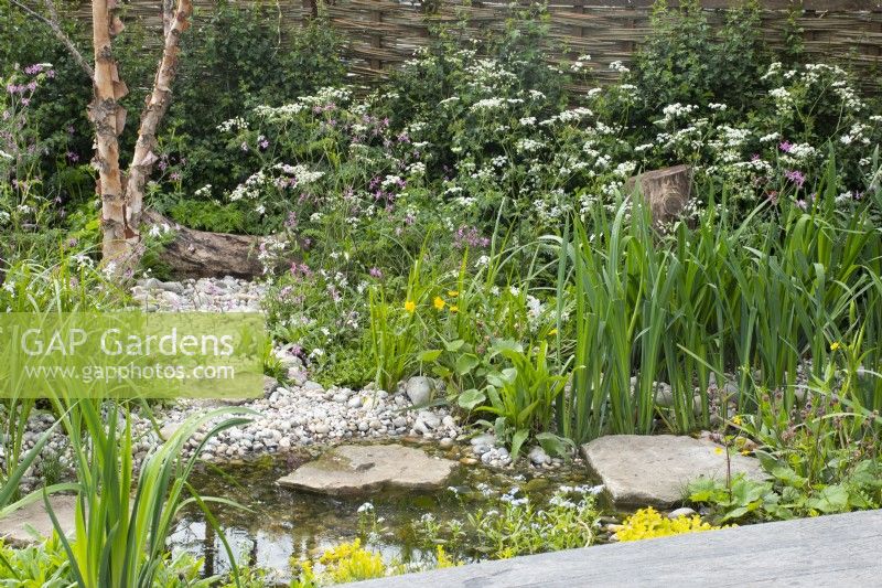 Wildflowers and stream in 'The Hide Garden' at the RHS Malvern Spring Festival 2022  - Designer - Emily Crowley-Wroe - Best in Show - Silver Gilt Medal