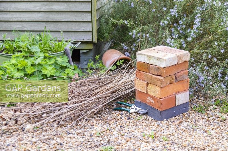 Bricks, secateurs and dried plant stems laid out on the ground