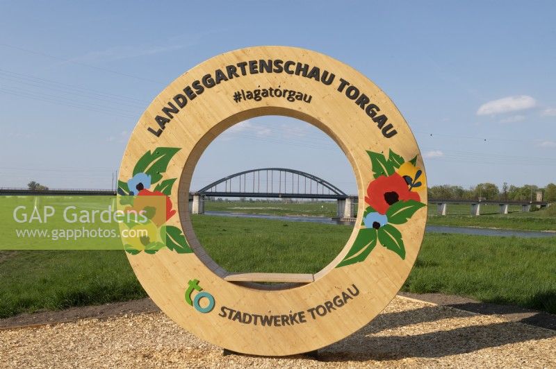 Torgau, Sachsen, Germany 
LAGA Landesgartenschau Torgau 2022 State garden show.
Show logo with a view of a railway bridge spanning the River Elbe