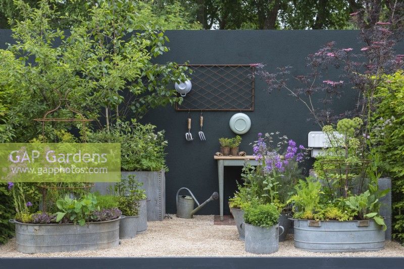 Metal containers are planted with a mix of trees such as birch, elder and apple, with herbs, purple honesty and borage.