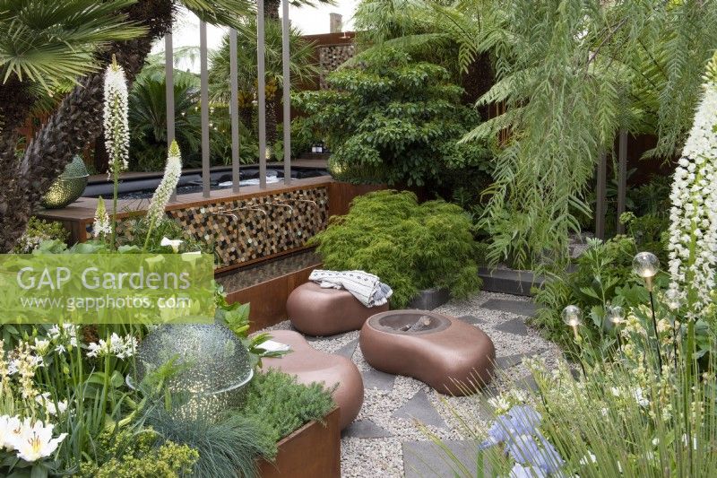 A small contemporary garden incorporates a jacuzzi with a sunken area housing a fire pit with seating and a water feature. It is enclosed in maples, tree ferns, palms and a wheel tree, Trochodendron aralioides, with white flowers of arum lily, agapanthus, sisyrinchium and foxtail lily.