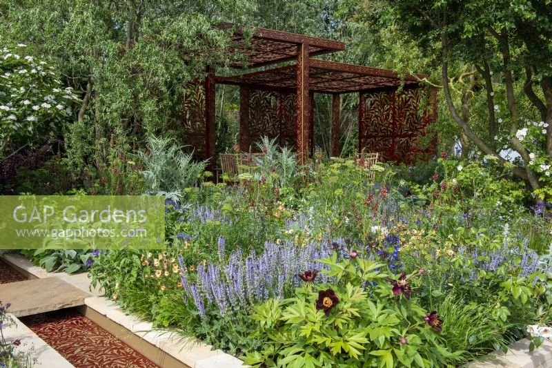 Vibrant planting  of Salvia 'Blue Hills', Verbascum 'Petra', Geum 'Leonard's Variety', Paeonia 'Dark Eyes', Cynara cardunculus, pavilion and water rill with laser cut willow pattern - Morris  and  Co, RHS Chelsea Flower Show 2022 - Gold Medal