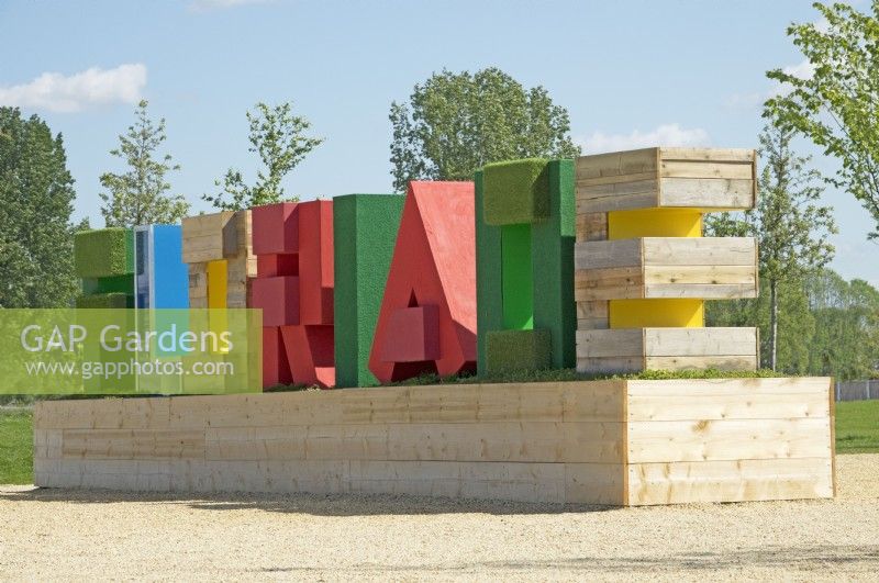 Floriade colourful letters made of recycled materials from Almere including household waste.