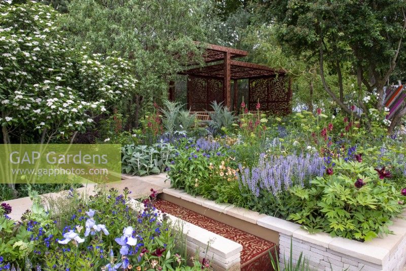 Vibrant planting  of Salvia 'Blue Hills', Verbascum 'Petra', Geum 'Leonard's Variety', Paeonia 'Dark Eyes', Cynara cardunculus, pavilion and water rill with laser cut willow pattern - Morris  and  Co, RHS Chelsea Flower Show 2022 - Gold Medal
