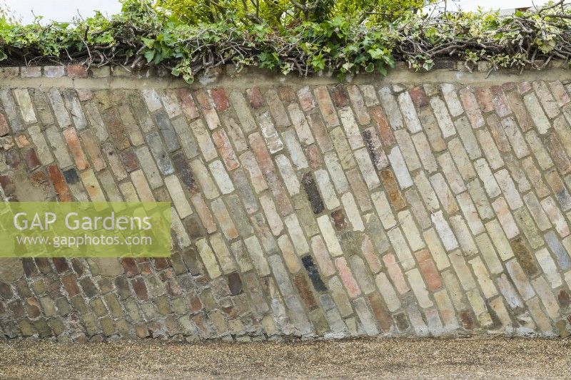 Unusual style of bricklaying in old garden wall with reclaimed bricks laid at an angle. Oblique vertical courses.