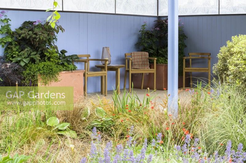 Garden with covered seating area beside a pond planted with Iris 'White Swirl' , Hostas, Carex buchananii  and Nepeta  'Summer Magic'  reflecting blue wall colour
- SSAFA Sanctuary Garden. Designer: Amanda Waring