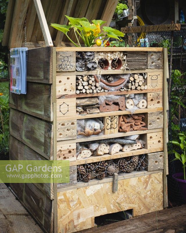 A DIY compost bin made from scrap wood and recycled pallets with built in wildlife spaces and homes for insects and small mammals including a hibernating hedgehog.