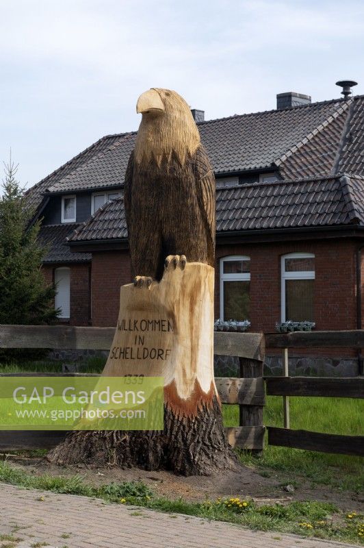 Schelldorf Saxony Anhalt Germany. 
Stump of a tree repurposed to make an impressive wooden sculpture of a bird of prey. 