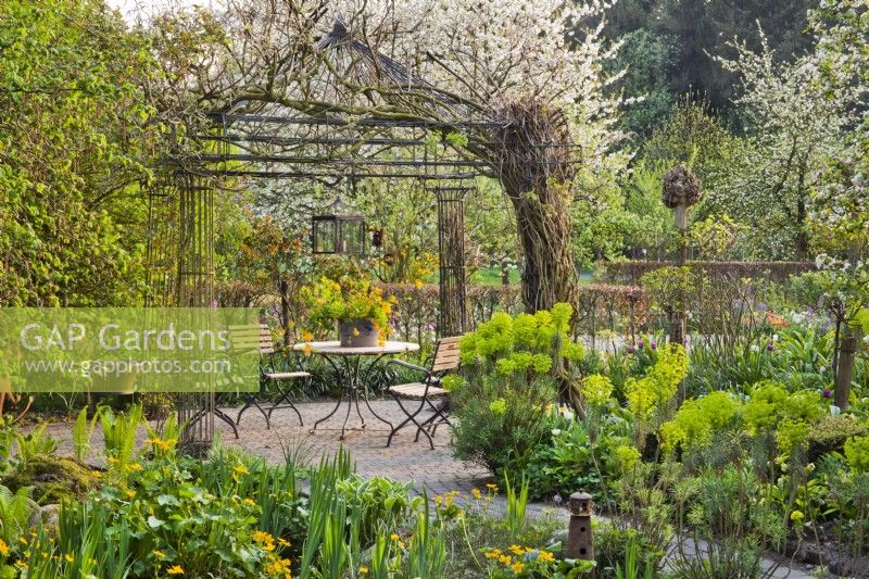 Spring borders with moisture loving plants, tulips, Euphorbia and ferns. Paved patio with garden furniture under metal arbour.