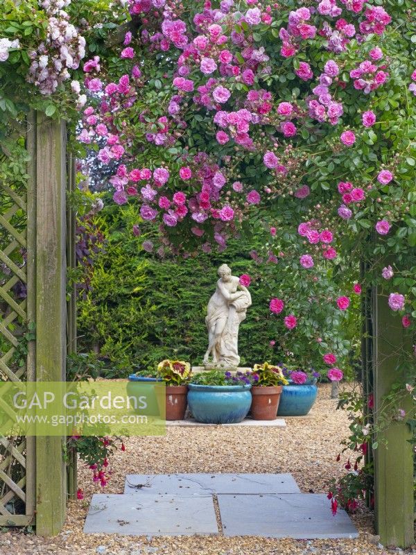 Rosa 'Rural England' and statue in country garden Norfolk