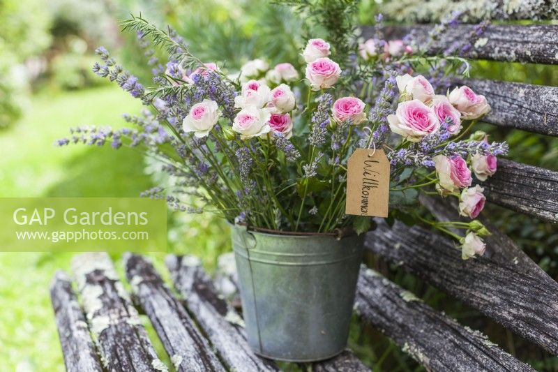 Bouquet of lavender and roses in a tin bucket on a bench - Lavender summer party story
