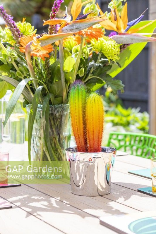 Decorative rainbow cactus next to bouquet on dining table