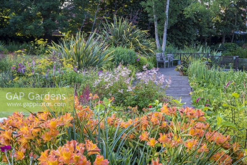 Decking path leading to seating next to border with orange Alstromerias, Cordylines and Astilbes