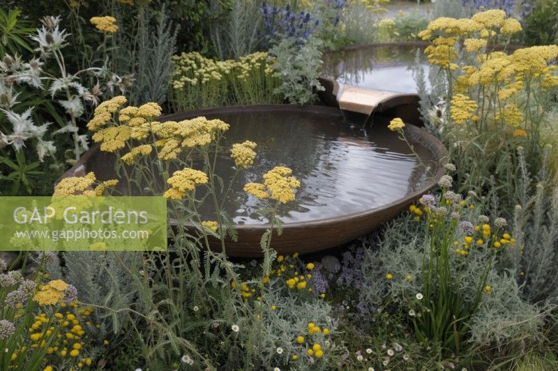 Achillea 'Terracotta' - Yarrow - with water flowing gently between two staggered Torc Pots corten steel water bowls.  The Daily Mail and RHS Planet-Friendly Garden, RHS Hampton Court Palace Garden Festival 2022.  Designer: Mark Gregory 