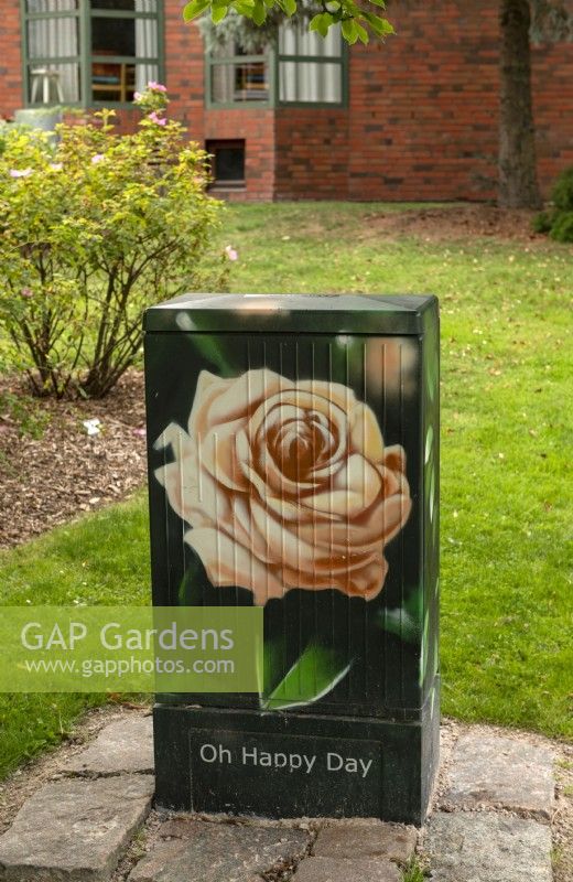 Uetersen Schleswig Holstein Germany. 
Electricity junction box in the Rosarium decorated with a painting of rosa 'Oh Happy Day' to make it blend in better with its surroundings. 