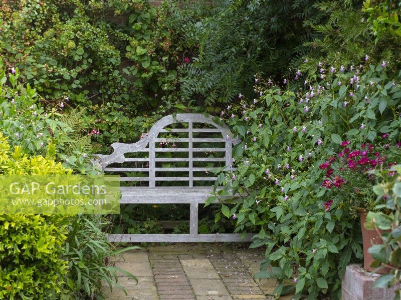 Secluded garden bench, with potted plants  and climbers  East Ruston Old Vicarage Gardens Norfolk August Summer