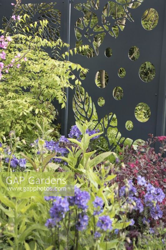 Metal screen with cut outs in the CRUK Legacy Garden at RHS Malvern Spring Festival 2022
