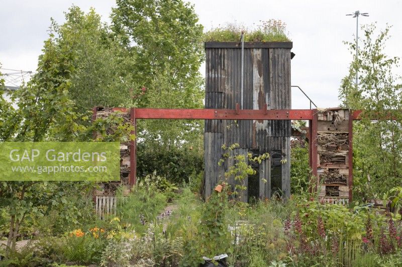 Raised corrugated shed with a living roof in Frances' Garden at BBC Gardeners World Live 2022