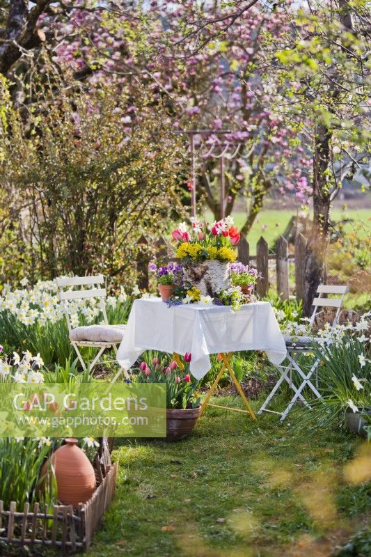 Spring flower arrangement  with tulips, daffodils and pansies on the table.