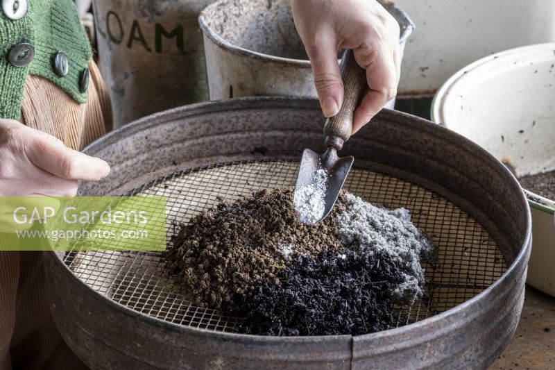 Creating your own seed compost with the correct mixture of ingredients. Sieving the ingredients in to a bowl
