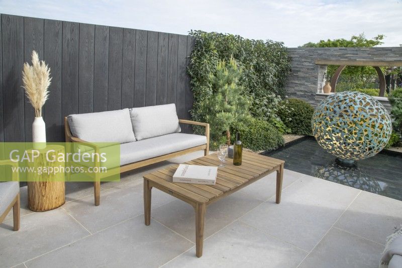 Seating area in A Peaceful Escape at RHS Malvern Spring Festival 2022