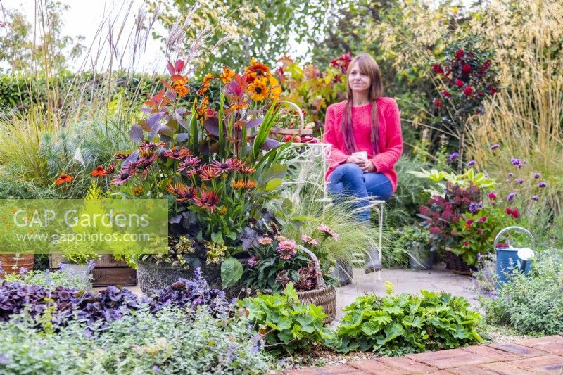 Large container planted with Smoke bush 'Grace', Crocosmia 'Emily Mckenzie', Rudbeckia 'Summerina Electra Shock', Coprosma 'Inferno' next to wicker basket containing Stipa tenuissima 'Pony Tails, Coprosma 'Eclipse' and Echinacea 'Sunseekers Salmon' with woman sitting in background