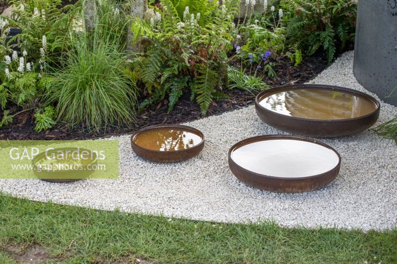 Corten steel water bowls - The Vitamin G Garden, RHS Malvern Spring Festival 2022