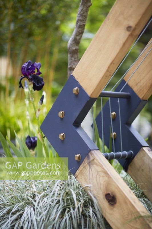 Detail of modern wood and metal garden structure, with Carex and Iris. Summer. May.