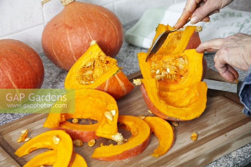 Removing seeds from pumpkin slices with spoon, autumn October