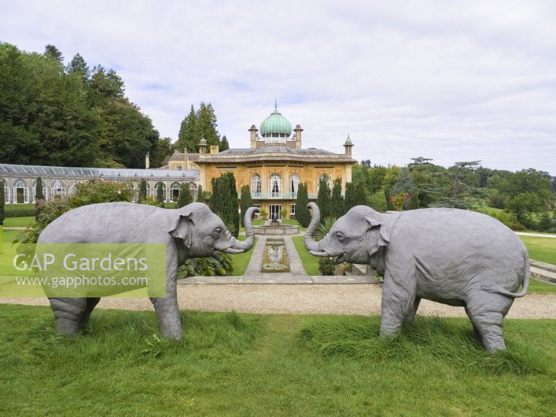 Elephant sculptures in front of Sezincote house Moreton-in-Marsh Gloucestershire